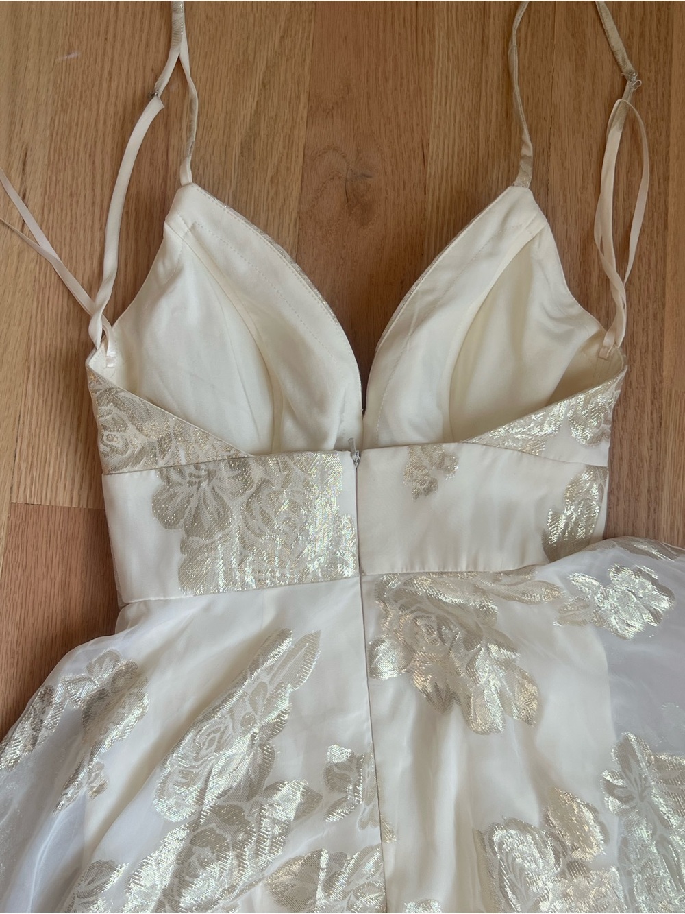 La Femme Organza Ivory Strapless A-Line Gown with Gold Floral Jacquard - Picture 3 of 7